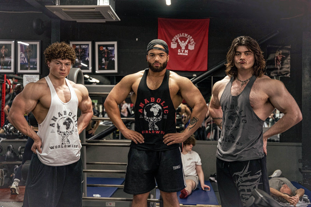 Anabolic Apparel editorial, low-lit gym environment