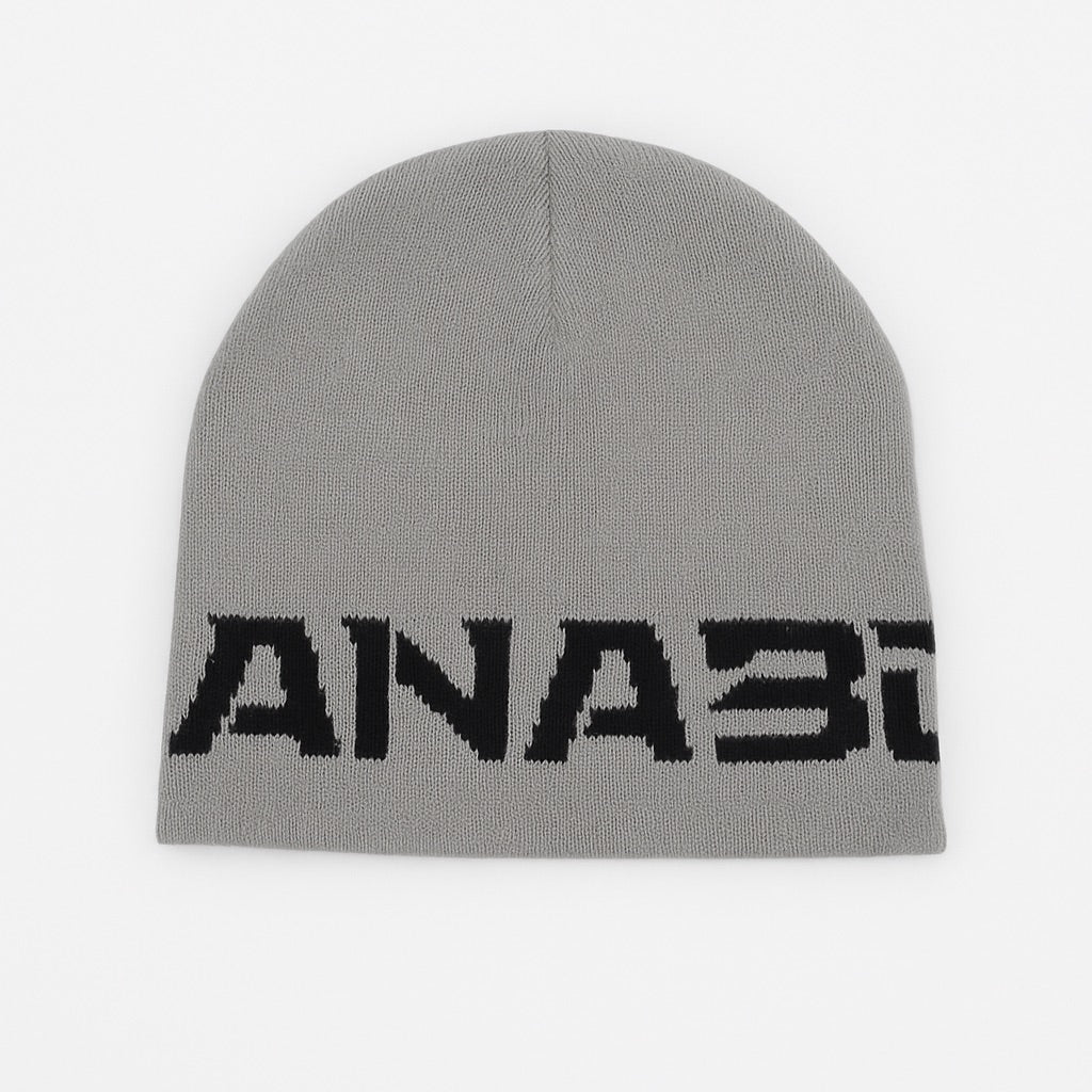 Grey Anabolic Apparel skull beanie, flat product shot